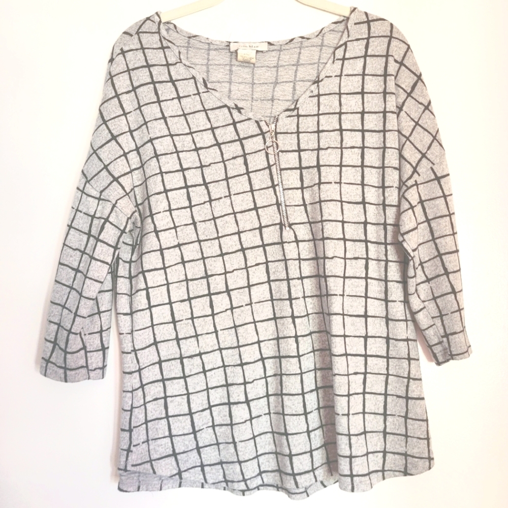 Gray Checkered Women's Top With Rink I/4 Zip Preppy Office Career 3/4 Sleeves L